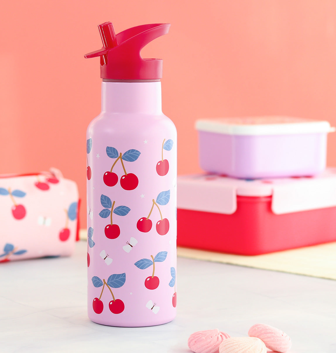 A Little Lovely Company XL Double-Walled Stainless Steel Bottle 500ml – Cherries