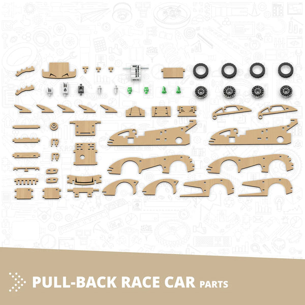 MAKERSPACE DIY: Αυτοκίνητο αγώνων με σύστημα pull-back, κιτ κατασκευής STEM για παιδιά 8+ ετών (1 μοντέλο προς κατασκευή)